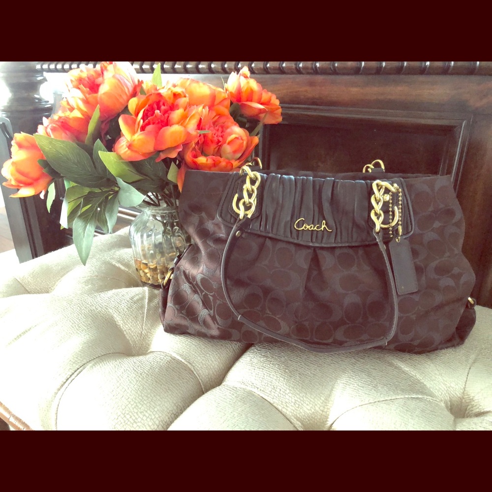 Coach Shoulder Bag Espresso Brown Sateen